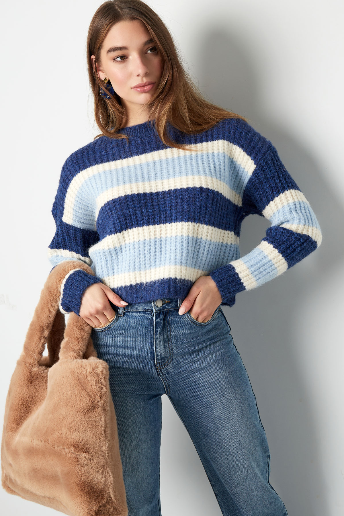 Knitted three-color sweater with stripe - purple h5 Picture5